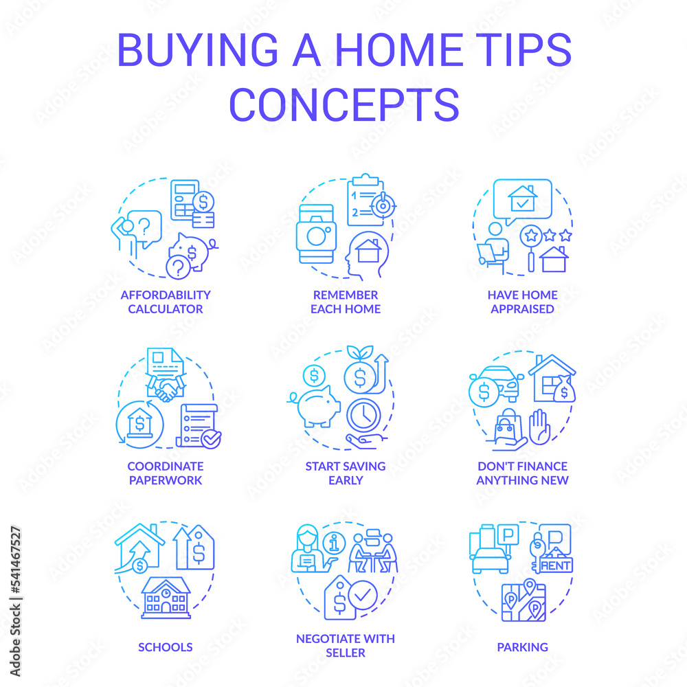 Homebuying tips blue gradient concept icons set. Buy new house. Real estate purchase process idea thin line color illustrations. Isolated symbols. Roboto-Medium, Myriad Pro-Bold fonts used