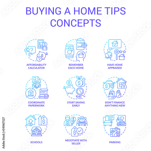 Homebuying tips blue gradient concept icons set. Buy new house. Real estate purchase process idea thin line color illustrations. Isolated symbols. Roboto-Medium, Myriad Pro-Bold fonts used