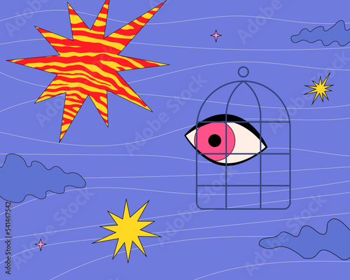 An eye in a cage surrounded by bright flashes is a symbol of witnessing traumatic events and post-traumatic stress disorder.