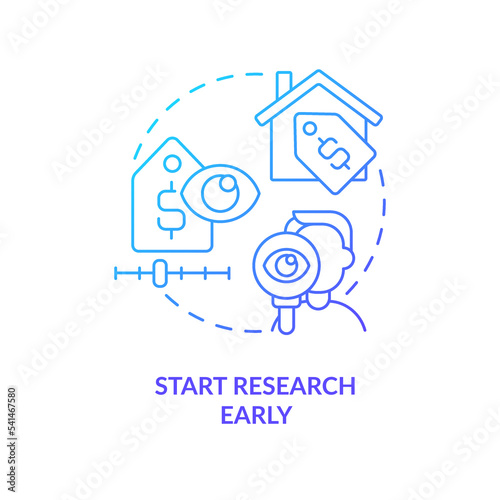Start research in advance blue gradient concept icon. Real estate listing. First property purchase abstract idea thin line illustration. Isolated outline drawing. Myriad Pro-Bold font used