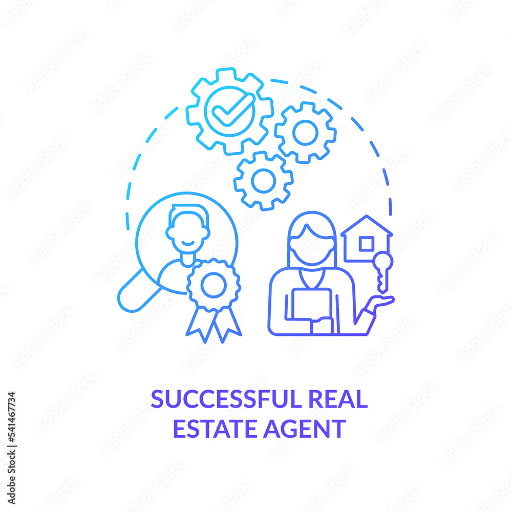 Obraz premium Successful real estate agent blue gradient concept icon. Buying house assistance. Property dealer abstract idea thin line illustration. Isolated outline drawing. Myriad Pro-Bold font used