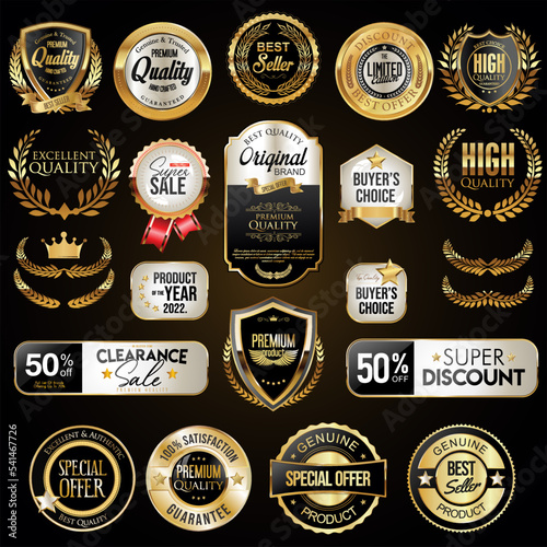 Collection of super sale golden badges and labels