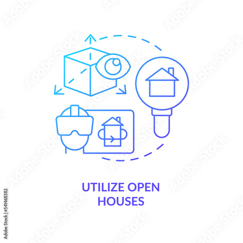 Utilize open houses blue gradient concept icon. Property review. Real estate technology. Homebuying tip abstract idea thin line illustration. Isolated outline drawing. Myriad Pro-Bold font used