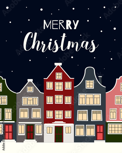 Merry Christmas. Christmas winter city street with small houses poster. Background for greeting cards, postcards, letters, labels, web, etc.