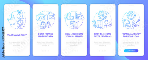 Buying home lifehacks blue gradient onboarding mobile app screen. Real estate walkthrough 5 steps graphic instructions with linear concepts. UI, UX, GUI template. Myriad Pro-Bold, Regular fonts used