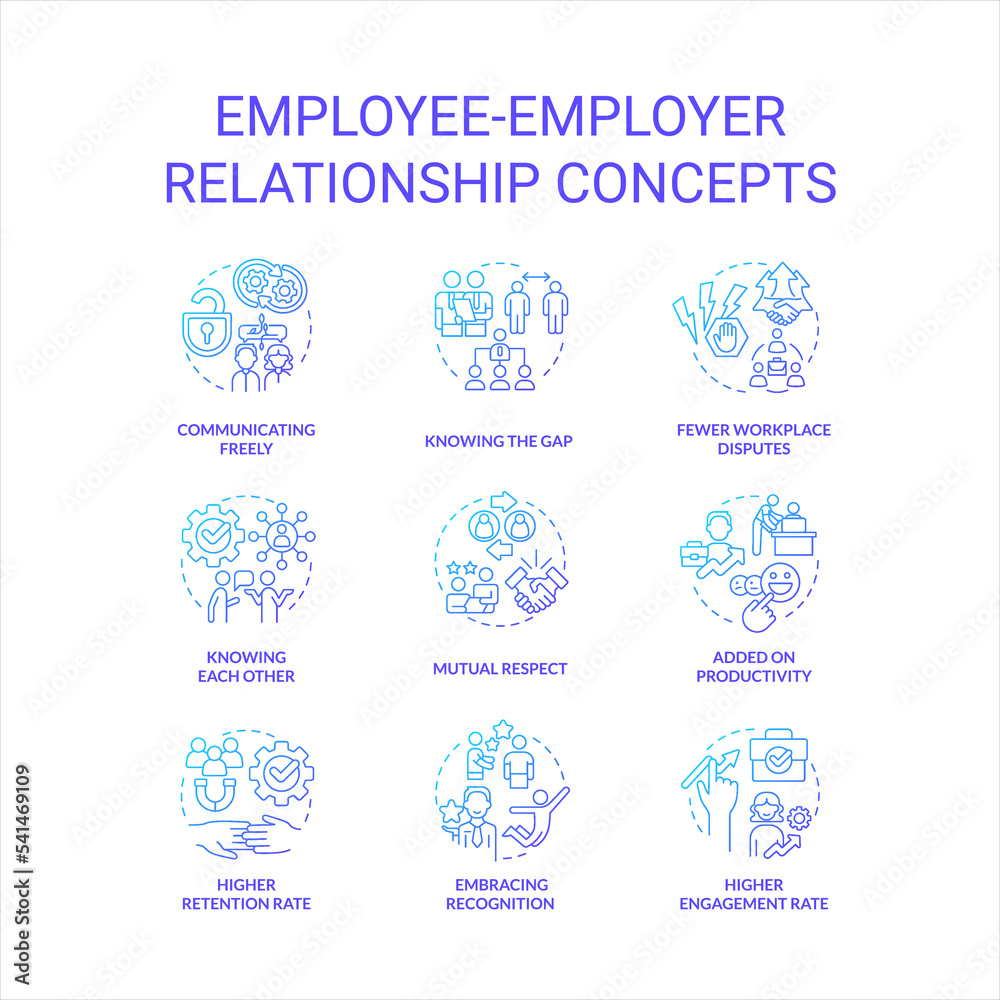 Employee employer relationship blue gradient concept icons set. Engage workers. Relations in workplace idea thin line color illustrations. Isolated symbols. Roboto-Medium, Myriad Pro-Bold fonts used