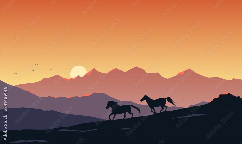 Horse in the mountains sunset 