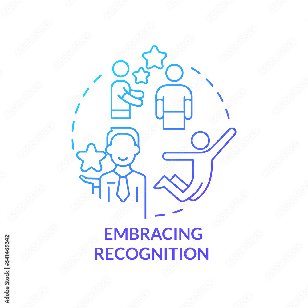 Embracing recognition blue gradient concept icon. Stimulate employees. Motivation worker program. Retention abstract idea thin line illustration. Isolated outline drawing. Myriad Pro-Bold font used