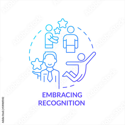 Embracing recognition blue gradient concept icon. Stimulate employees. Motivation worker program. Retention abstract idea thin line illustration. Isolated outline drawing. Myriad Pro-Bold font used