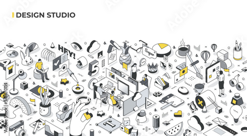 Design studio or agency concept. Creative team of designers at work. Creative office environment, project visualizations, website and graphic design. Isometric illustration