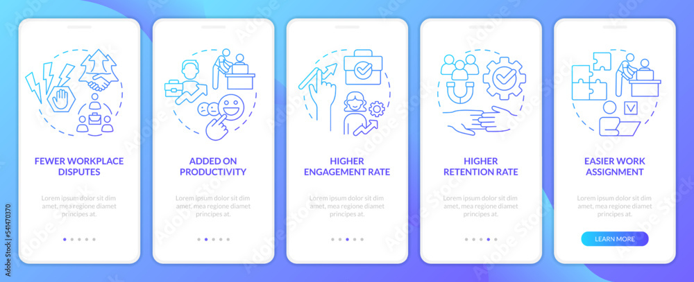 Relations with workers advantages blue gradient onboarding mobile app ...