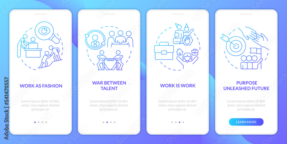 Potential future of work relations blue gradient onboarding mobile app screen. Walkthrough 4 steps graphic instructions with linear concepts. UI, UX, GUI template. Myriad Pro-Bold, Regular fonts used