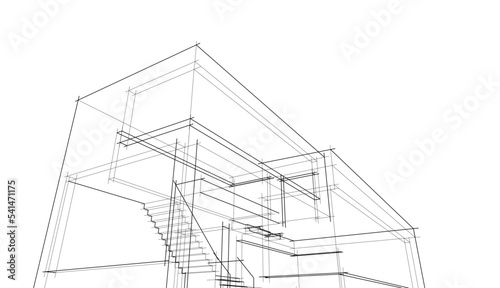 3d sketch of modern building on white background 