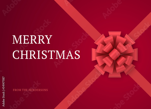Red premium wrapped gift bow ribbon Merry Christmas greeting card template realistic 3d icon vector