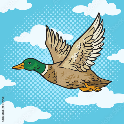 flying duck pinup pop art retro vector illustration. Comic book style imitation.