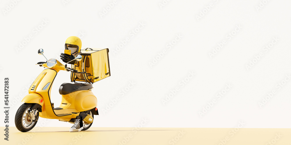 3D Online food order and food delivery service.carrier on freight scooter and delivery bag,Yellow and white color background.Food delivery Yellow moto scooter driver with red backpack and delivery box