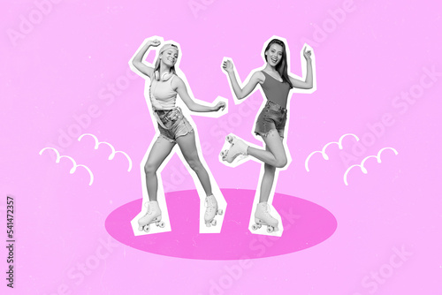 Composite collage portrait of two overjoyed girls black white colors ride rollerblades dancing isolated on pink drawing background