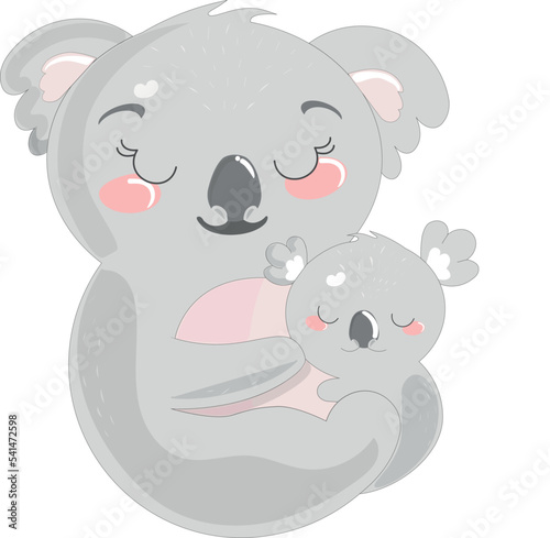Fototapeta Naklejka Na Ścianę i Meble -  Vector illustration of the baby koala and his mom, cartoon animals 