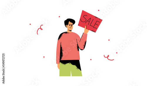 The man shows a sign with the word sale.  A man holds a poster. Sale, sale announcement