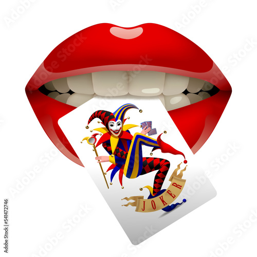 Women's sexy glossy red lips with a Joker playing card in their teeth isolated on white