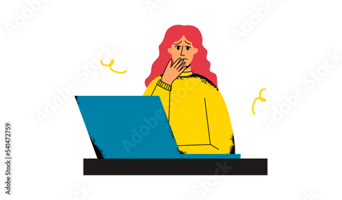 A frustrated woman is sitting at her desk. Company employee, office worker