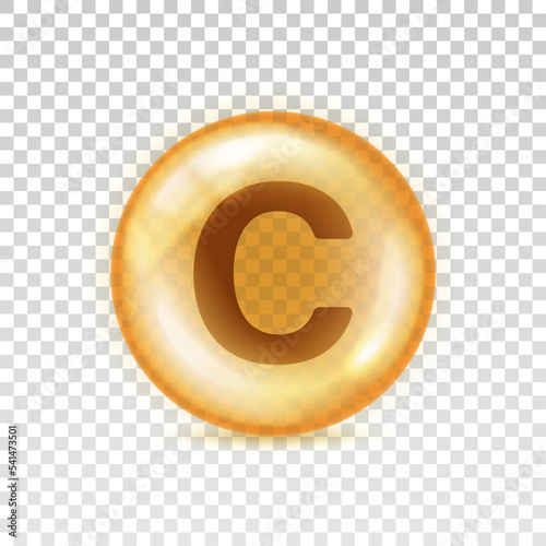 Vitamin C icon. Yellow orb pill isolated on transparent background. Big shape glass circle. Realistic oil 3d bubble. Round sphere nutrition. Design capsule. Deficiency vitamin C. Vector illustration