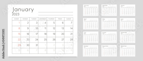 Classic monthly calendar for 2023. Minimalist calendar with space for notes. The week starts on Sunday.