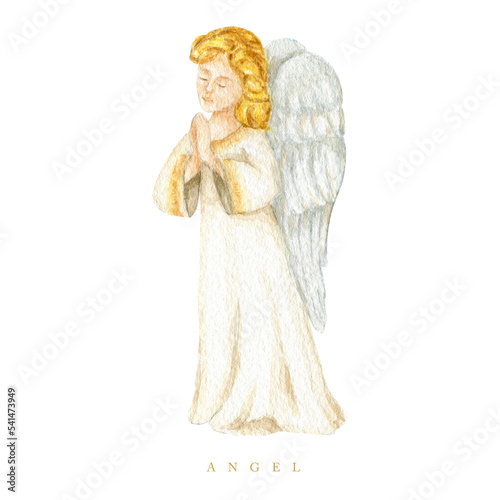 Christmas angel watercolor illustration, Christian Nativity angel with wings isolated on a white background, design for religious baptism invitation, greeting card