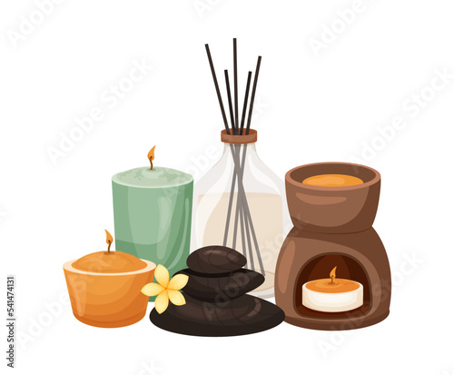 Candles, diffuser, hot stones, aroma lamp. Accessories for relaxation, meditation, spa, aromatherapy. Vector illustration for spa center, hotel, beauty salons on white background