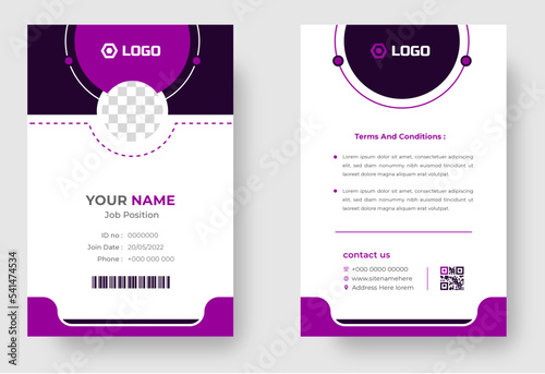 Modern and clean business id card template. professional id card design template with purple color. corporate modern business id card design template. Company employee id card template.