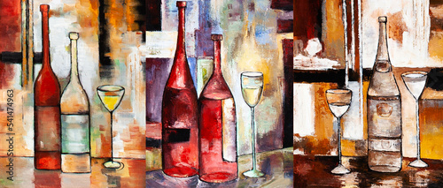 oil painting, still life: a bottle of champagne, wine and a glass. 3 in 1,  collage of 3 paintings