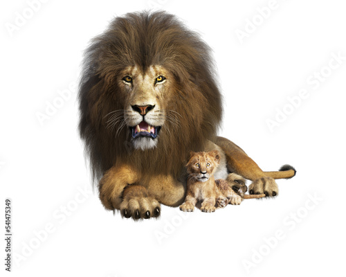Fotobehang Big lion with cub, 3d render isolated on transparent background PNG