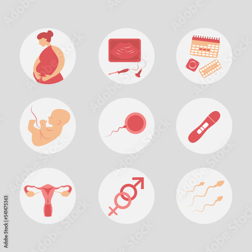 Woman fertility icon set. Obstetrics signs collection. Pregnancy insemination contraception concept