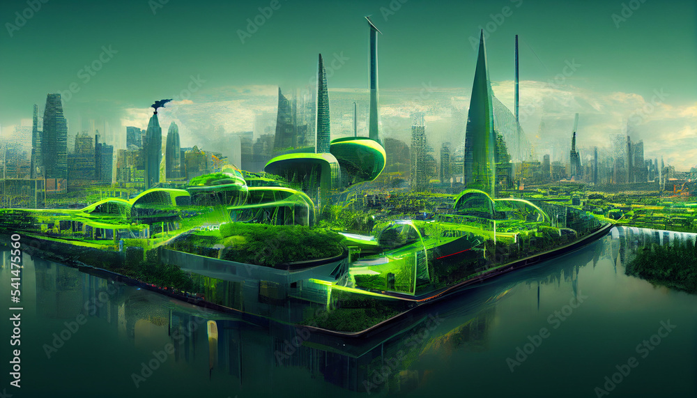 Green eco friendly city of the future. Futuristic utopia digital