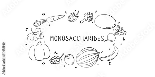 Monosaccharides-containing food. Groups of healthy products containing vitamins and minerals. Set of fruits, vegetables, meats, fish and dairy