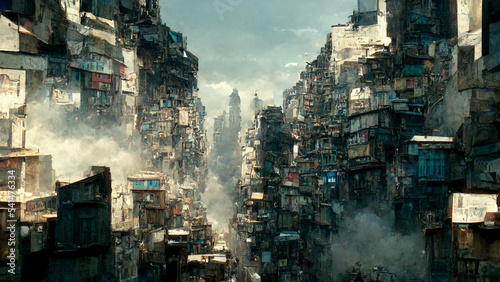Concept art illustration of cyberpunk overpopulated city of the future photo