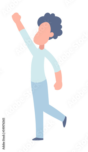 The person cheerfully raised his fist above his head