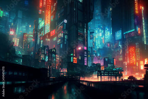 Concept art illustration of cityscape of asian cyberpunk city at night