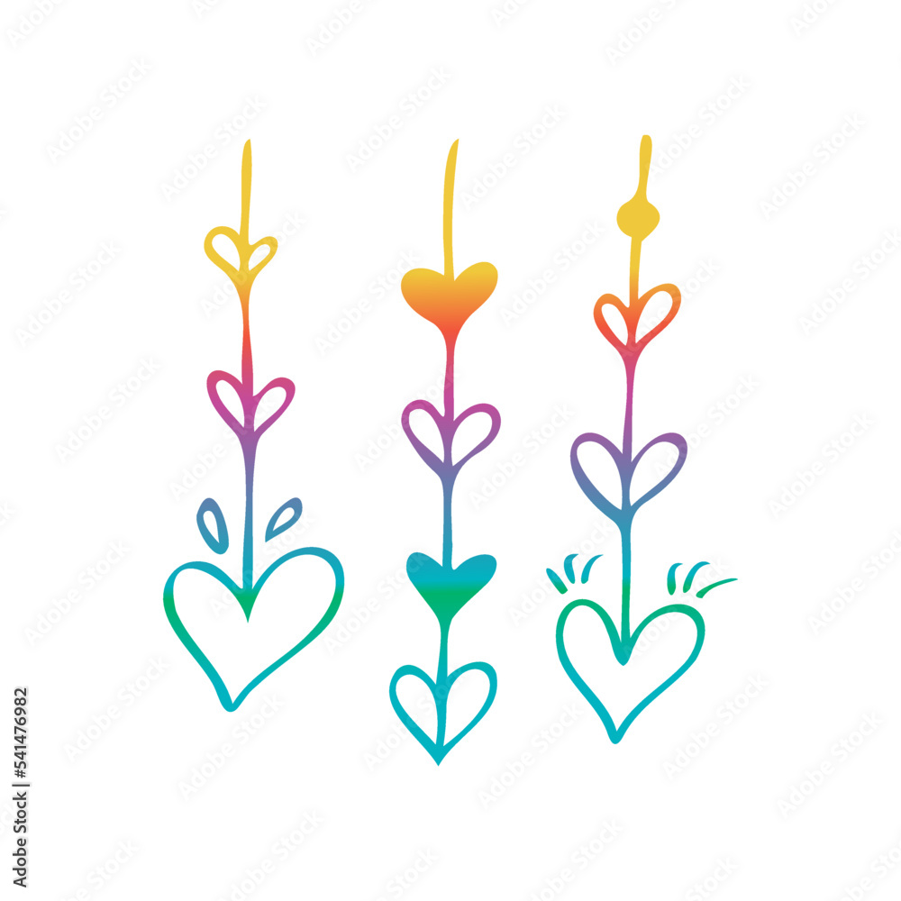 Vector doodle collection of cute rainbow hearts. Hand drawn illustrations for design on theme of Valentine's Day, love, wedding, feelings, relationships
