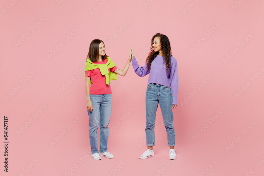 Full body young two friends women 20s wears green purple shirts together meeting together greeting giving high five clapping hands folded isolated on pastel plain light pink color background studio. Full body young two friends women 20s wears green purple shirts together meeting together greeting giving high five clapping hands folded isolated on pastel plain light pink color background studio.
