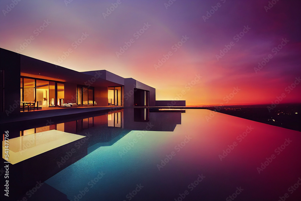 Modern villa and a luxurious infinity pool, photorealistic illustration