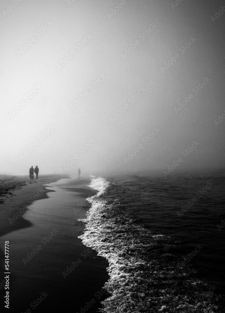 spacerujące osoby nad brzegiem morza w letni mglisty poranek  - obrazy, fototapety, plakaty 