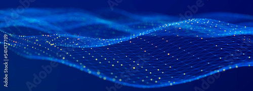Futuristic wave on blue background. Colored pattern of connection dots and lines. Technology or Science Banner. 3D