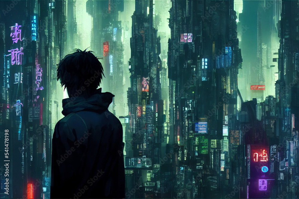 Concept Art Illustration Of Man In Asian Cyberpunk City At Night Stock Concept Art Illustration Of Man In Asian Cyberpunk City At Night Stock