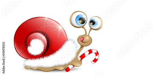 Funny cartoon Christmas Snail with Santa hat shell, licking lips and holding candy cane