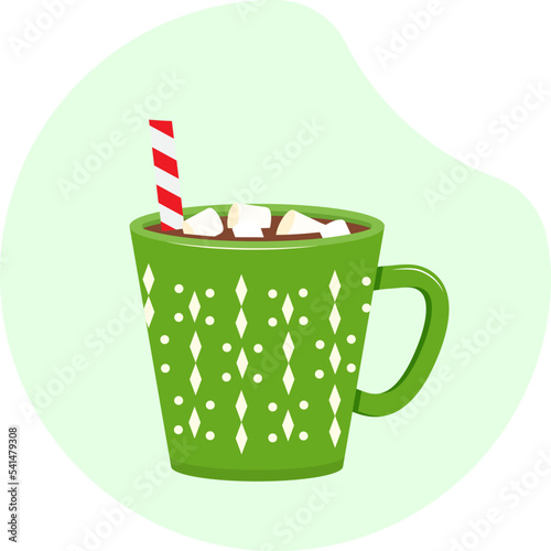 Christmas mug hot chocolate, winter green cup with drink, cocoa, coffee and marshmallow. Cartoon xmas food. Holiday breakfast illustration
