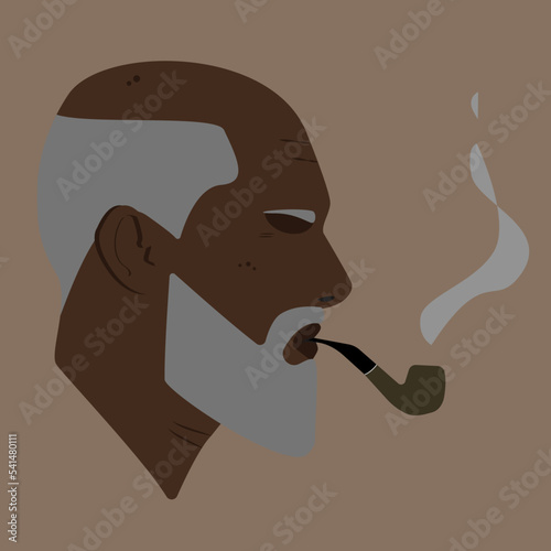 Silhouette. Face. Bearded old black man. Male head with beard. Gray-haired man. Man head silhouette. Flat illustration. Black man smoking a pipe. 