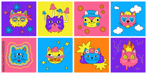 A set of hippie cats. Hallucinogenic bright faces. Retro stickers in the style of raves of the 70s, 60s. Acid rave