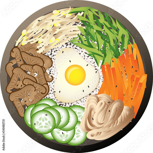 Korean bibimbap dish top view. Cartoon food
