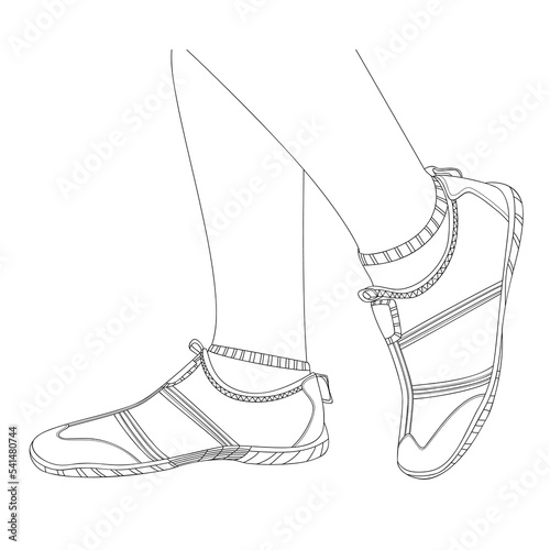 Women's legs (feet) in hiking shoes for walking in city parks, health paths, side view. Sport footwear close-up. Concept of sports and healthy lifestyle. Walk every day. Sketch, linear drawing